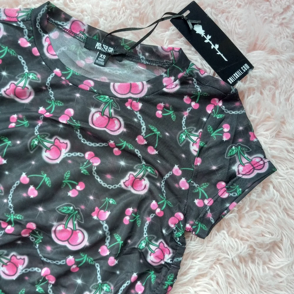 SOLD! Dolls Kill cherries ruched baby doll top! Sheer mesh kawaii cute nwt top! - Picture 9 of 13